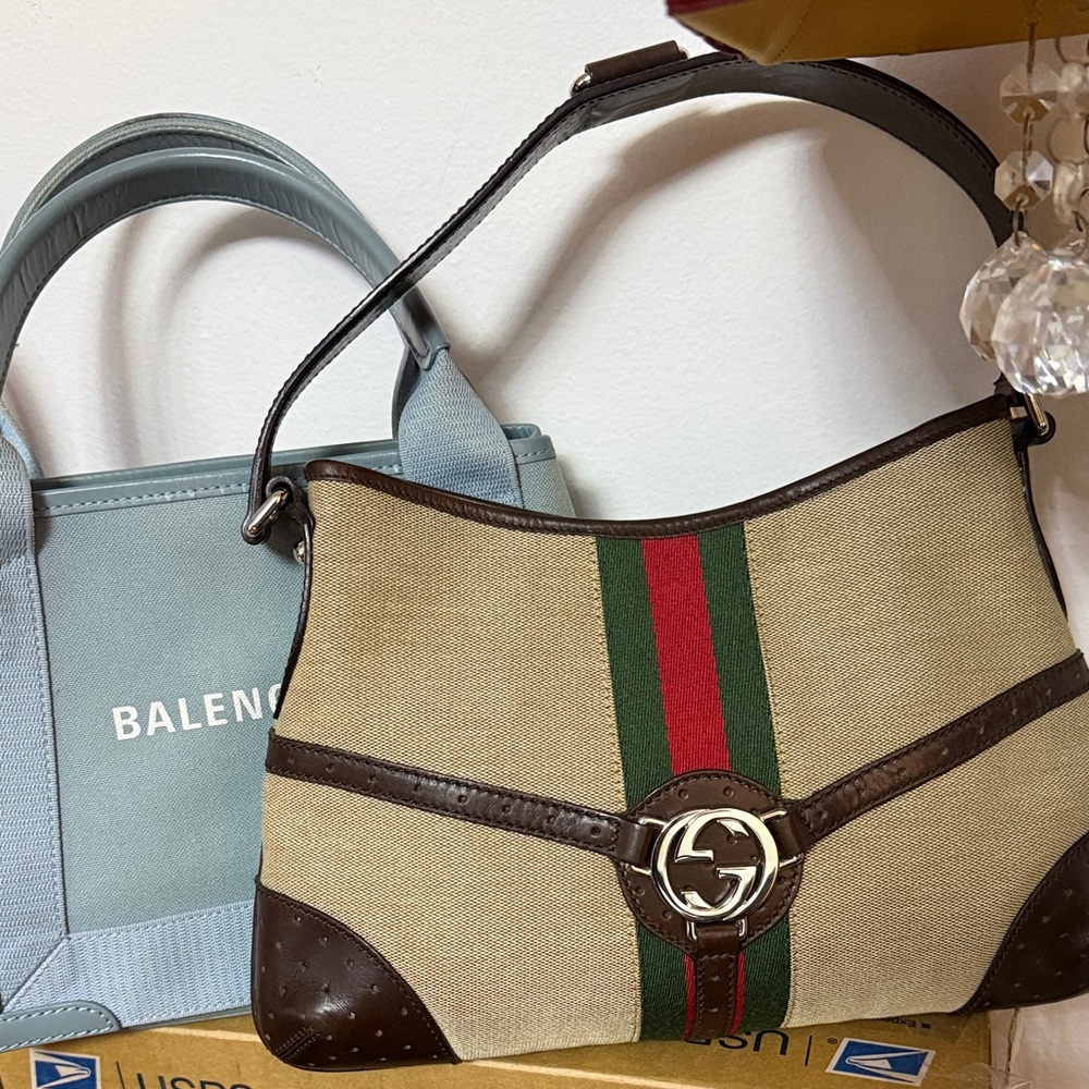 Gucci Beige, Green, Red and Dark Brown Shoulder Bag Jackie O - Picture 14 of 14